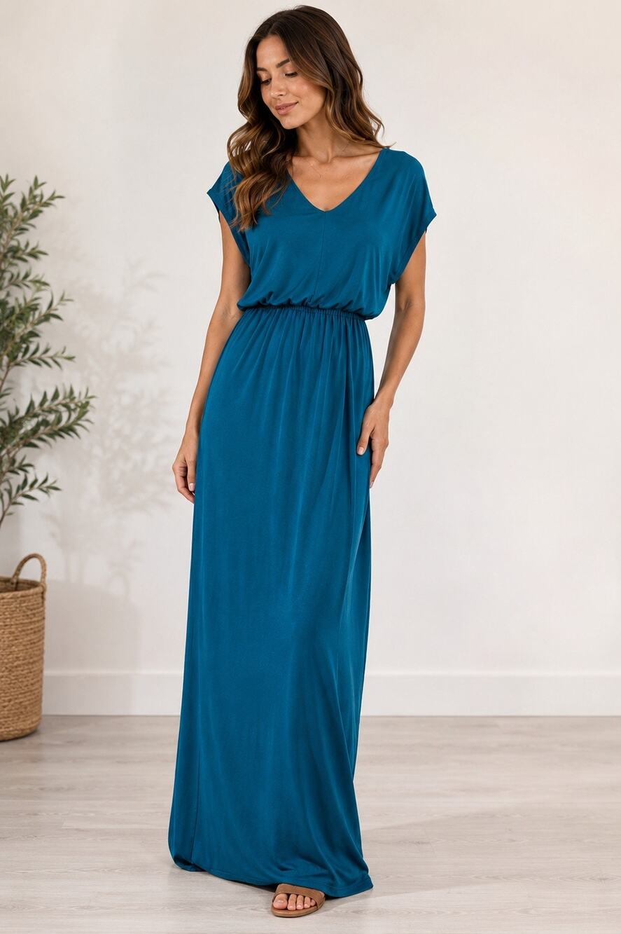 Sabine Teal Maxi Dress Womens L V Neck Blouson Waist Stretch Jersey USA